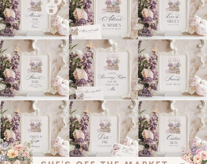 Editable Fresh off the market Bridal Shower Signs Bundle | Flower Cart Provence Corjl Template #of1