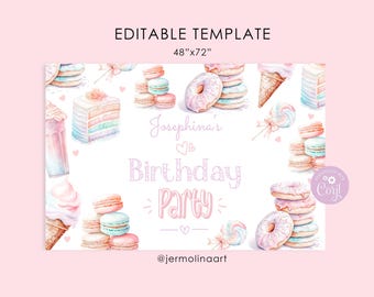Editable Sweet birthday backdrop template. Sweet One banner. Sweets birthday banner Corjl template #ice1