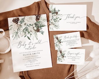 Baby its cold outside Baby Shower Invitation bundle. Evergreen baby shower invitation bundle. Gender Neutral Baby Shower #ev1