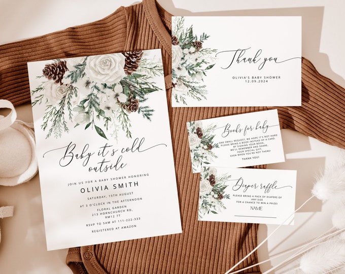 Baby its cold outside Baby Shower Invitation bundle. Evergreen baby shower invitation bundle. Gender Neutral Baby Shower #ev1