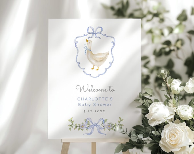 Editable Silly Goose Baby shower Welcome sign, Vintage Blue Bow Goose Baby boy Shower Welcome sign, Editable Welcome sign template #sg1