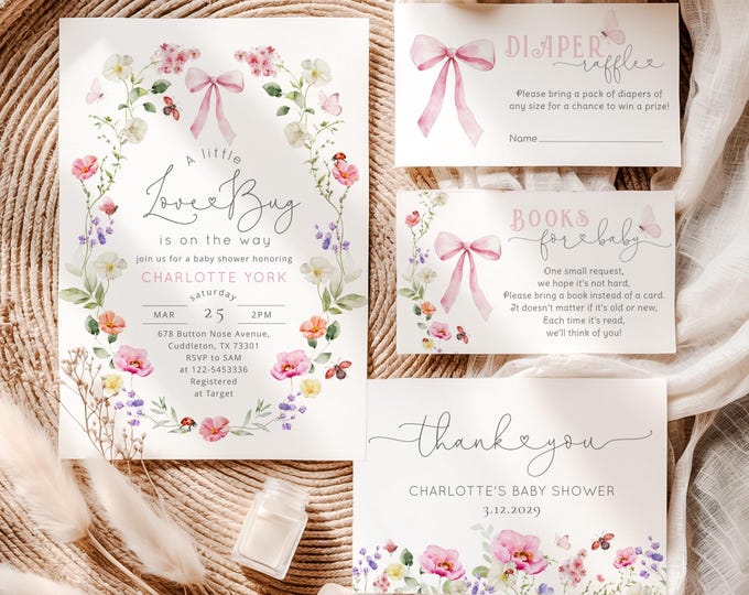 Little Love Bug Widlflower Baby Shower Bundle | Whimsical pink bow nvitation template #wl7