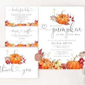 Kleine pompoen is onderweg Baby Shower Invite. Pompoen baby shower uitnodiging bundel. Herfst baby shower uitnodiging set. Boeken voor baby #p1