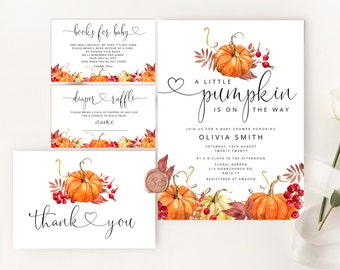 Little pumpkin is on the way Baby Shower Invite. Pumpkin baby shower invitation bundle. Fall Baby Shower Invitation set. Books for baby #p1