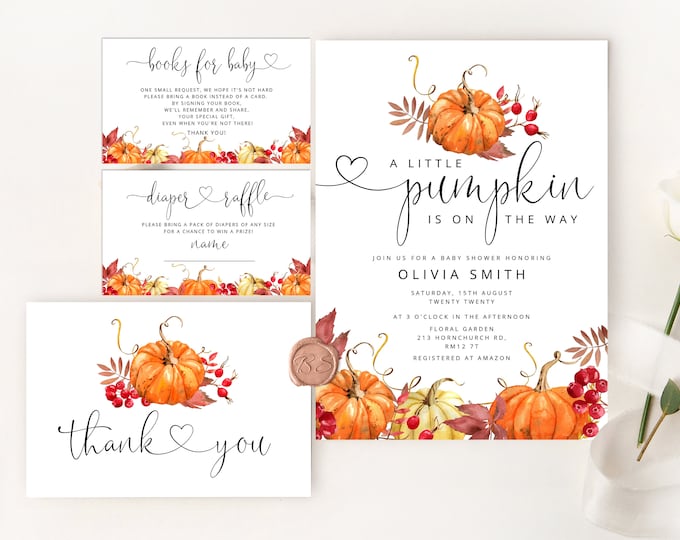 Little pumpkin is on the way Baby Shower Invite. Pumpkin baby shower invitation bundle. Fall Baby Shower Invitation set. Books for baby #p1