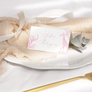 Pink Toile Safari Place card template. Corjl template