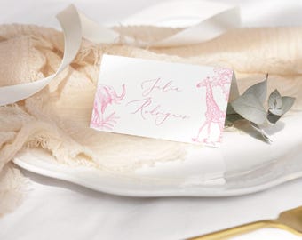 Pink Toile Safari Place card template. Editable Pink Chinoiserie Food card Corjl #toi4