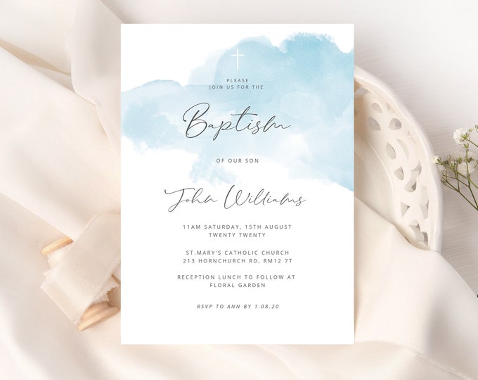 Printable Boy Baptism Invitation. First Holy Communion Invitation. Blue watercolor  Baptism Invite Template. Christening. #BT2