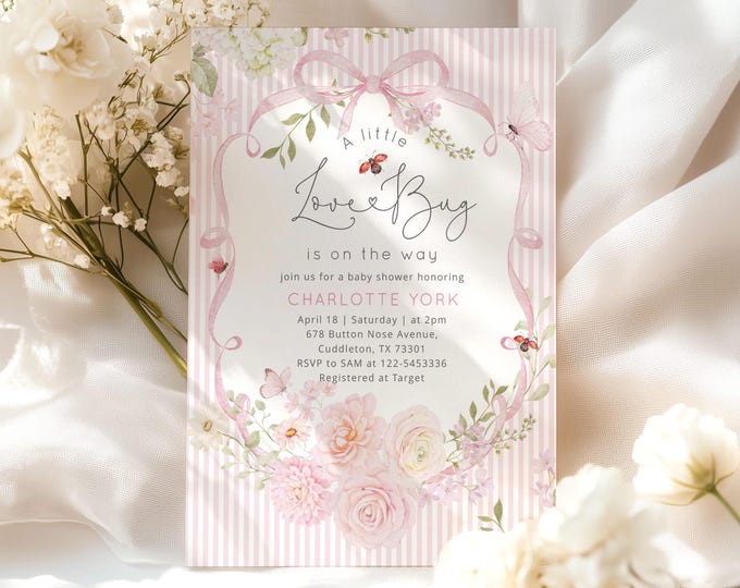 Love Bug Floral Baby Shower invitation | Ladybug floral Pink Bow  (Corjl Editable template) #wl8
