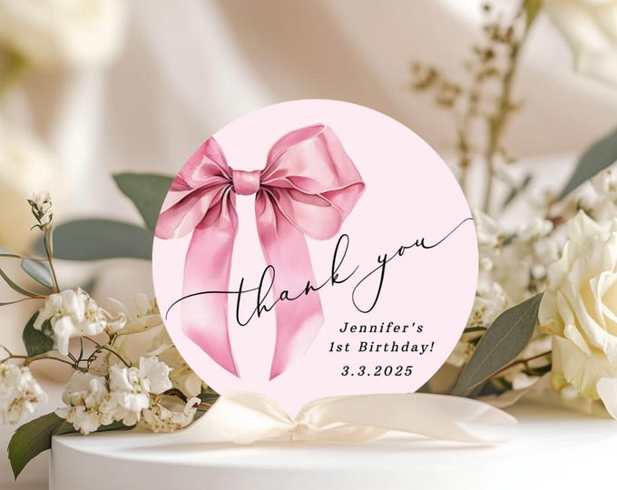 Editable pink Bow thank you sticker template. Coquette Bow Birthday party round favor tag template. Corjl template #bow1