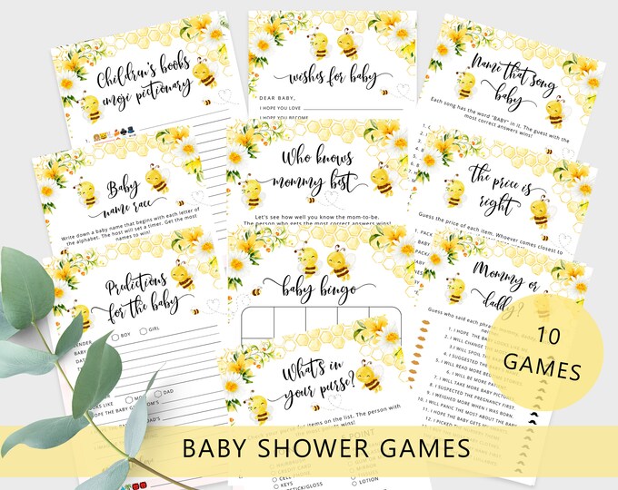 Bee Baby Shower Games Bundle. Bee gender reveal Baby Shower Games. Honey bee baby shower games. Instant Download #08