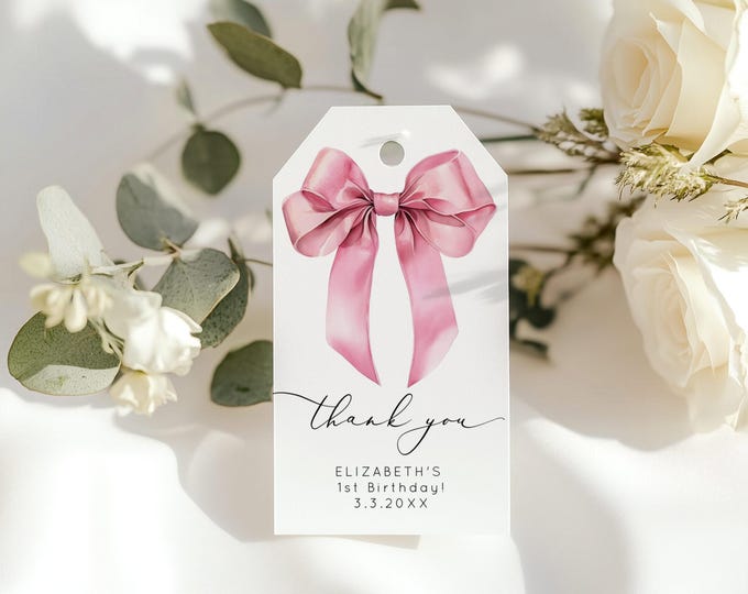 Editable pink bow favor tag template.  Girl birthday Coquette thank you tag template. Minimalist calligraphy birthday bow themed tag #bow1