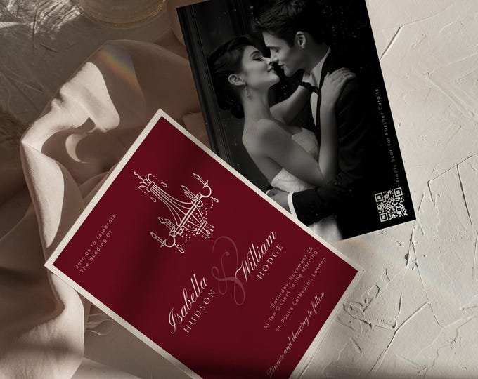 Old Money Black and White Photo Wedding invitation, QR Code details editable invite #om1