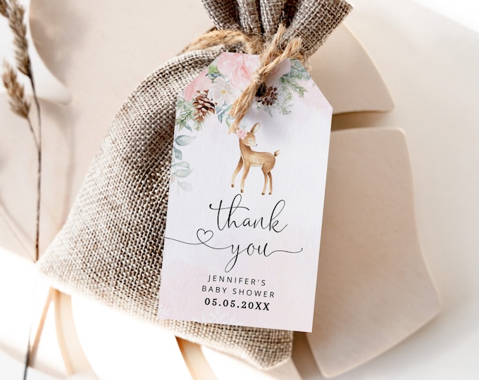 Pink winter baby deer baby shower thank you tag. Girl baby shower Christmas favor tag template. Corjl template #wb7