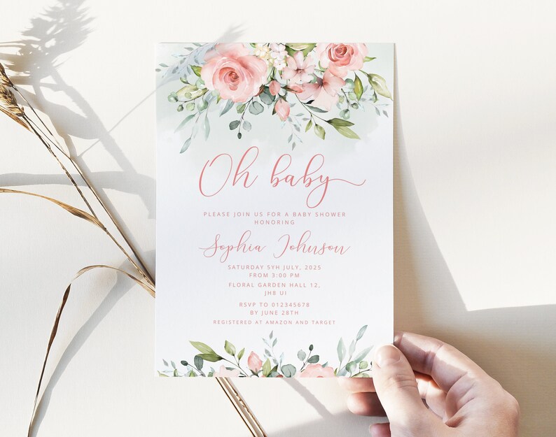 May include: A baby shower invitation with a watercolor floral design in shades of pink and green. The text reads "Oh baby" and includes the name "Sophia Johnson", the date "Saturday 5th July, 2025", the time "from 3:00 PM", the location "Floral Garden Hall 12, JHB 01", the RSVP information "RSVP to 012345678 by June 28th", and the registry information "Registered at Amazon and Target".