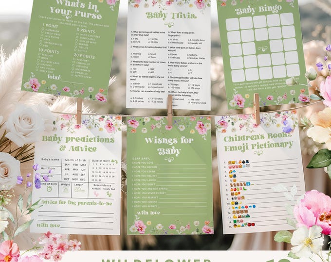 Wildflower Sage green Baby Shower Games Bundle | Editable Corjl Templates #wl2