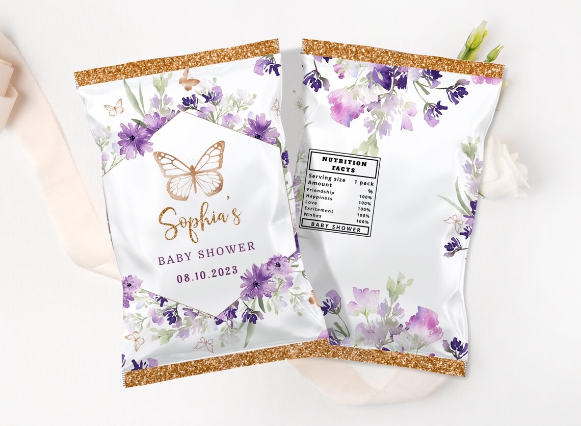 Butterfly Chip Bag Template. Purple Butterfly Baby Shower Chip Etsy