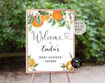Orange välkomstskylt för babyshower. Redigerbar välkomstskylt för babyshower med citrustema. Välkomstskylt för liten sötnos. Corjl utskrivbar #or1