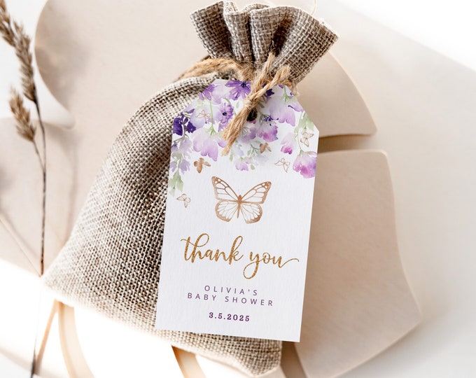 Butterfly favor tag. Purple gold baby shower Thank You Tag Template. Gold butterfly thank you tag. Butterfly baby shower #06
