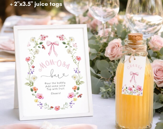 Pink Bow Wildflower Mom-osa bar sign and juice tags Corjl editable template #wl7