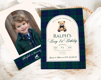 Polo Teddy Bear 1st Birthday Invitation: Preppy Plaid Photo Template (Editable in Corjl) #pbe1