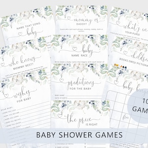 May include: Ten baby shower game cards with a watercolor floral design in shades of blue and green. The games include "Name That Song", "Who Knows Mommy Best?", "Mommy or Daddy", "Baby Name Race", "Predictions for the Baby", "What's in Your Purse", "Children's Books Emoji Pictionary", "Baby Bingo", "Wishes for Baby", and "The Price is Right".