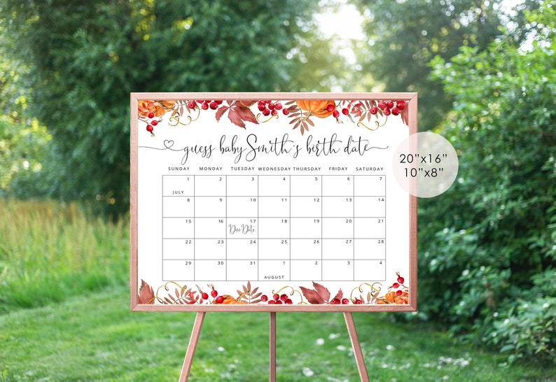 Op de afbeelding: Een afdrukbaar baby shower-spelbord met een herfstthema. Het bord heeft een kalender met de tekst "guess baby Smith's birth date" en een bloemige rand met bladeren, pompoenen en bessen in tinten oranje, rood en bruin. Het bord is 50,8 cm bij 40,6 cm en 25,4 cm bij 20,3 cm.