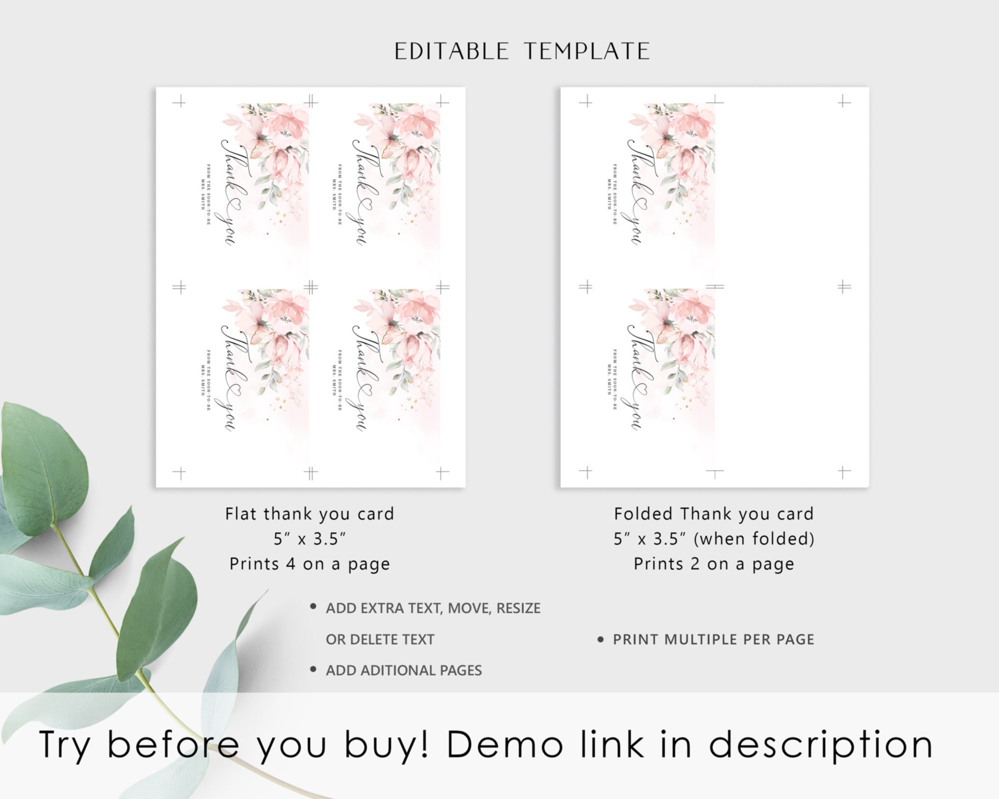 Blush Bridal Thank You Card Printable Template. Elegant Roses Thank You ...