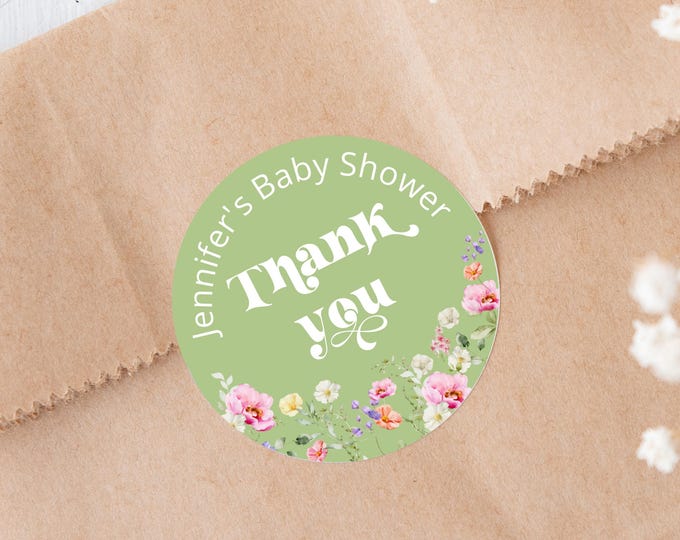 Sage green Baby in Bloom Wildflower Baby Shower sticker template Corjl #wl3