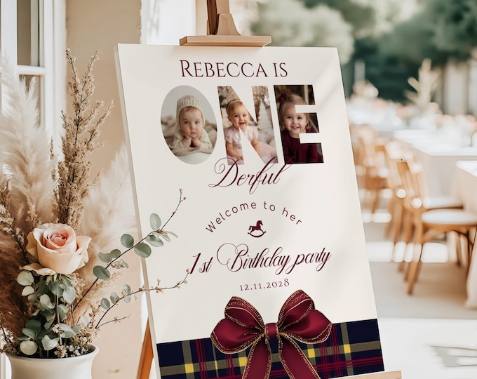 Winter Wonderland 1st Birthday template: Red Bow Classic Christmas plaid Photo #rh2