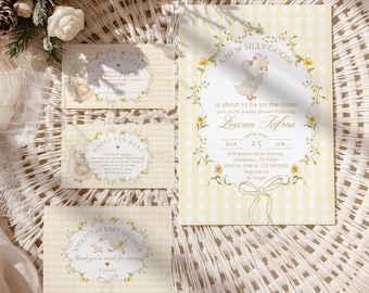 Gender neutral Silly Goose Baby Shower Invitation Bundle: Yellow Gingham Whimsical Corjl Template #sg7