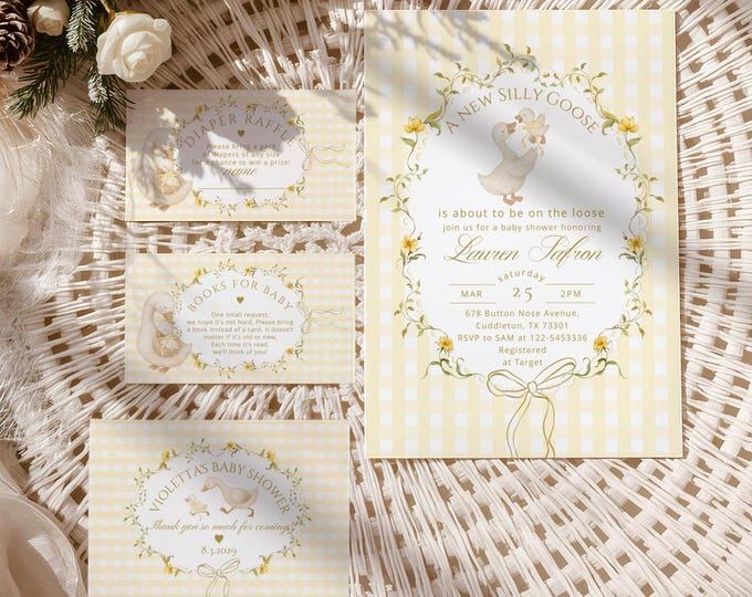 Gender neutral Silly Goose Baby Shower Invitation Bundle: Yellow Gingham Whimsical Corjl Template #sg7
