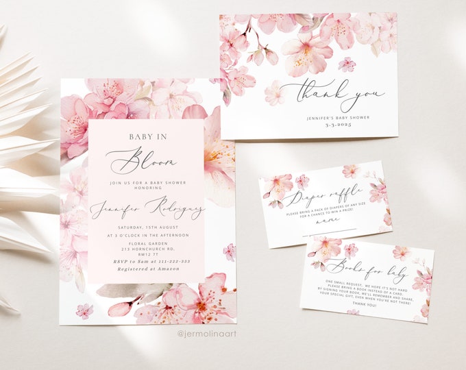 Baby in bloom Baby Shower Invitation bundle. Cherry blossom baby in bloom baby shower Invitation bundle. Sakura baby shower invitation #s1