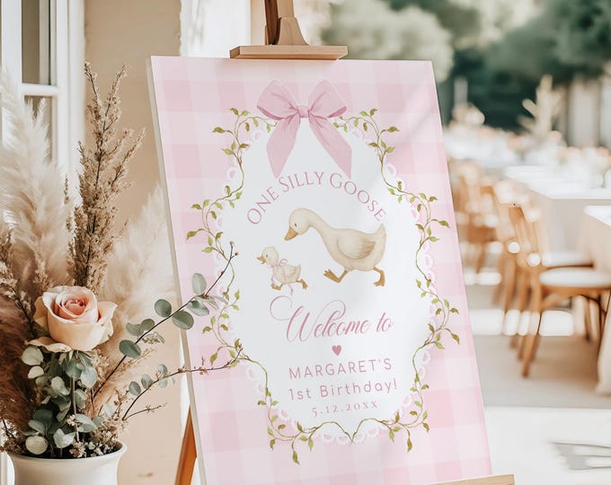 One Silly Goose 1st Birthday Welcome Sign Pink Bow Template (Corjl Editable) #sg4