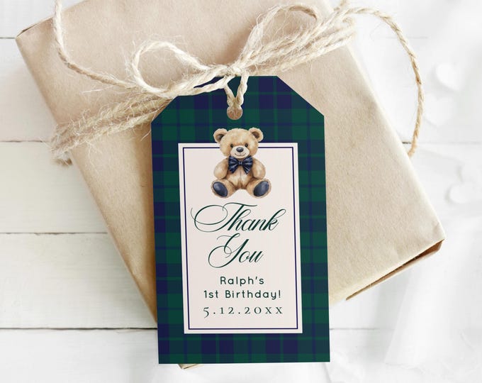 Polo Teddy Bear 1st Birthday Favor Tag: Navy Plaid (Editable Corjl Template) #pbe1