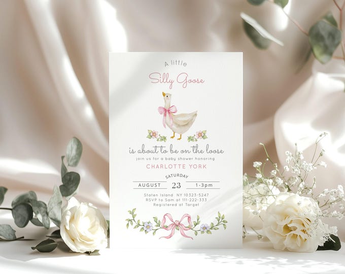 Editable Silly Goose baby shower invitation, Blush pink Silly Goose baby shower invite, Whimsical Goose baby girl shower invitation #sg3