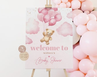 Pink teddy bear baby shower welcome sign. Pink balloons girl baby shower welcome sign. We can bearly wait Corjl template #p12