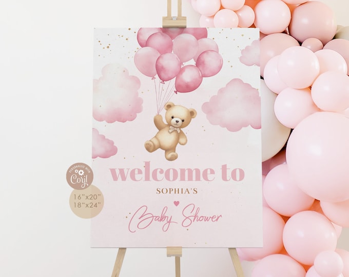 Pink teddy bear baby shower welcome sign. Pink balloons girl baby shower welcome sign. We can bearly wait Corjl template #p12