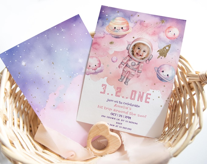 Outer Space Girl Birthday invite, Pink Girl 1st Trip around the Sun Photo Astronaut Invitation, Planets  Space Birthday invitation #sp2