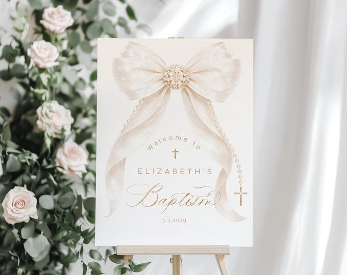 Pearl Bow Baptism Welcome sign Editable Template (Corjl) #bp2