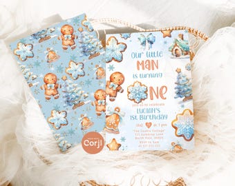 Little Man 1st Birthday Invitation. Editable winter Blue Christmas cookies birthday invite. Gingerbread man birthday invite #1bc