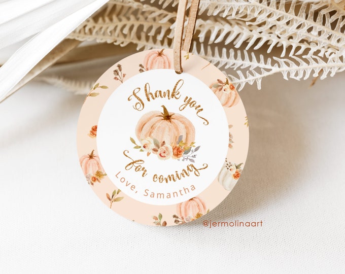 Pumpkin round sticker template.  Pastel elegant pumpkin circle favor tag template. Pumpkin floral fall round favor tag #p4