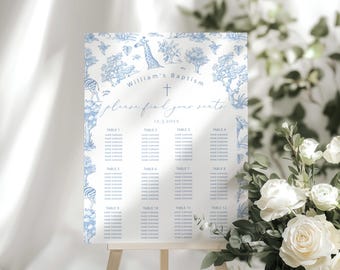 Toile Safari baptism Seating chart template. Blue Toile de Jouy Baby Boy Baptism arch Find your seat chart. Corjl Editable templates #toi1