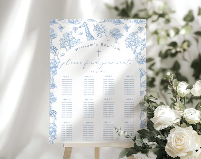 Toile Safari baptism Seating chart template. Blue Toile de Jouy Baby Boy Baptism arch Find your seat chart. Corjl Editable templates #toi1