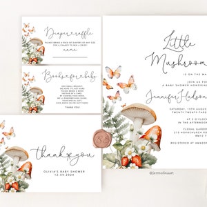 May include: A baby shower invitation with a mushroom theme. The invitation features a watercolor illustration of mushrooms, butterflies, and strawberries. The text on the invitation reads "Little Mushroom is on the way" and includes the date, time, and location of the shower. The invitation also includes the text "Registered at Amazon".