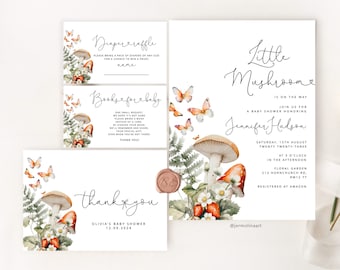 Little mushroom baby shower invitation bundle. Editable Fall mushroom invitation template Corjl. Minimalist forest baby shower invite #mush1