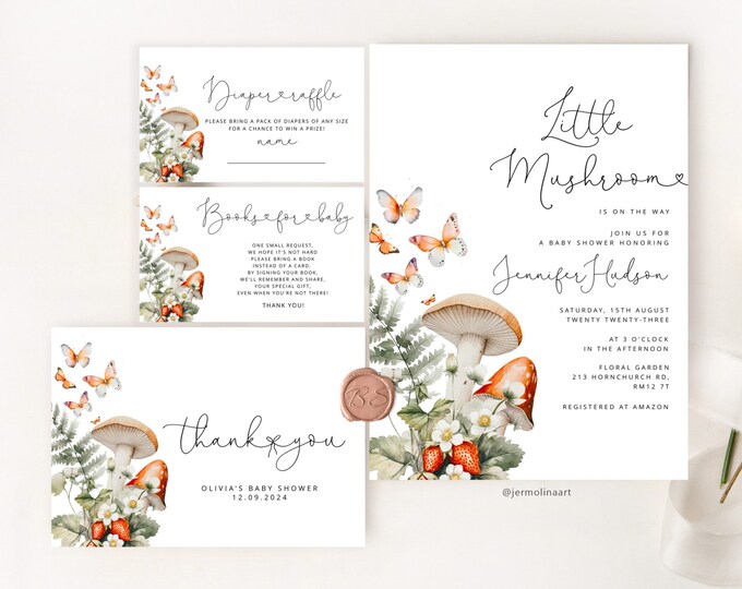 Little mushroom baby shower invitation bundle. Editable Fall mushroom invitation template Corjl. Minimalist forest baby shower invite #mush1