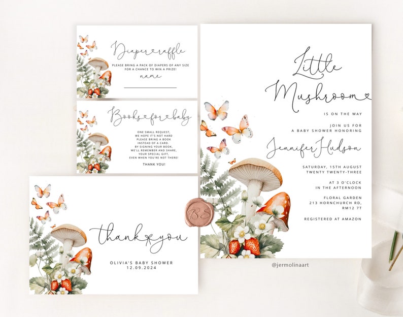 May include: A baby shower invitation with a mushroom theme. The invitation features a watercolor illustration of mushrooms, butterflies, and strawberries. The text on the invitation reads "Little Mushroom is on the way" and includes the date, time, and location of the shower. The invitation also includes the text "Registered at Amazon".