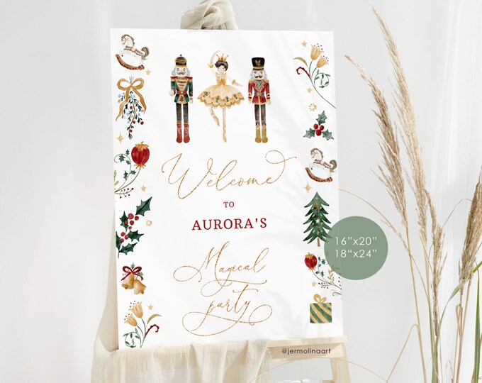 Nutcracker birthday welcome sign.  Editable winter magical party welcome sign. Corjl editable template #nut1