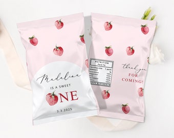 Strawberry chip bag template. Berry first birthday chip bag template.  Strawberry 1st birthday chip bag template #ber1